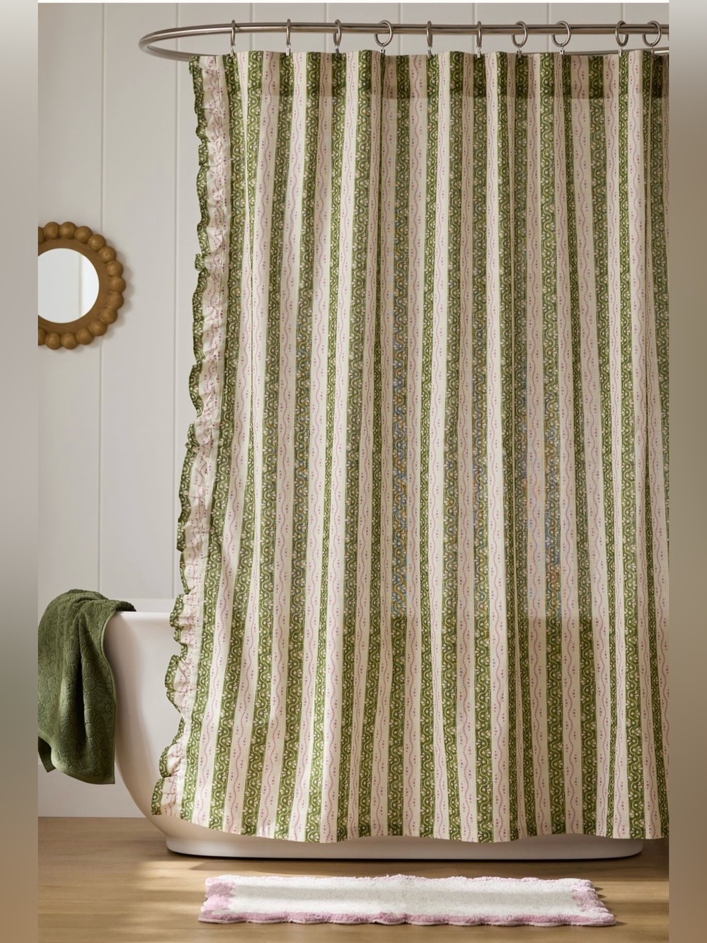 Anthropologie Ivy Cotton Printed Ruffle Stripe Shower Curtain, Green